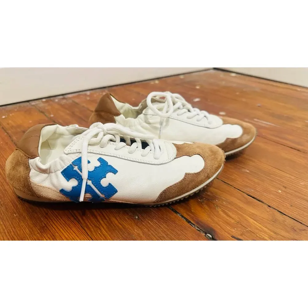 TORY BURCH Bellflower Blue Ivory Leather Suede Active Tory Sneakers size 6.5